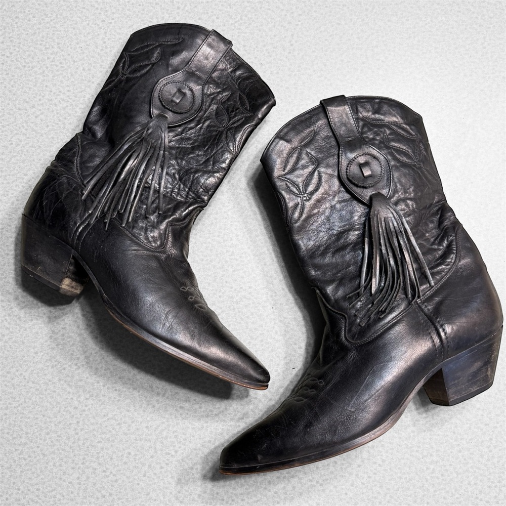 Vintage Laredo black leather‎ fringe cowboy boots BURNING MAN size 9 T1